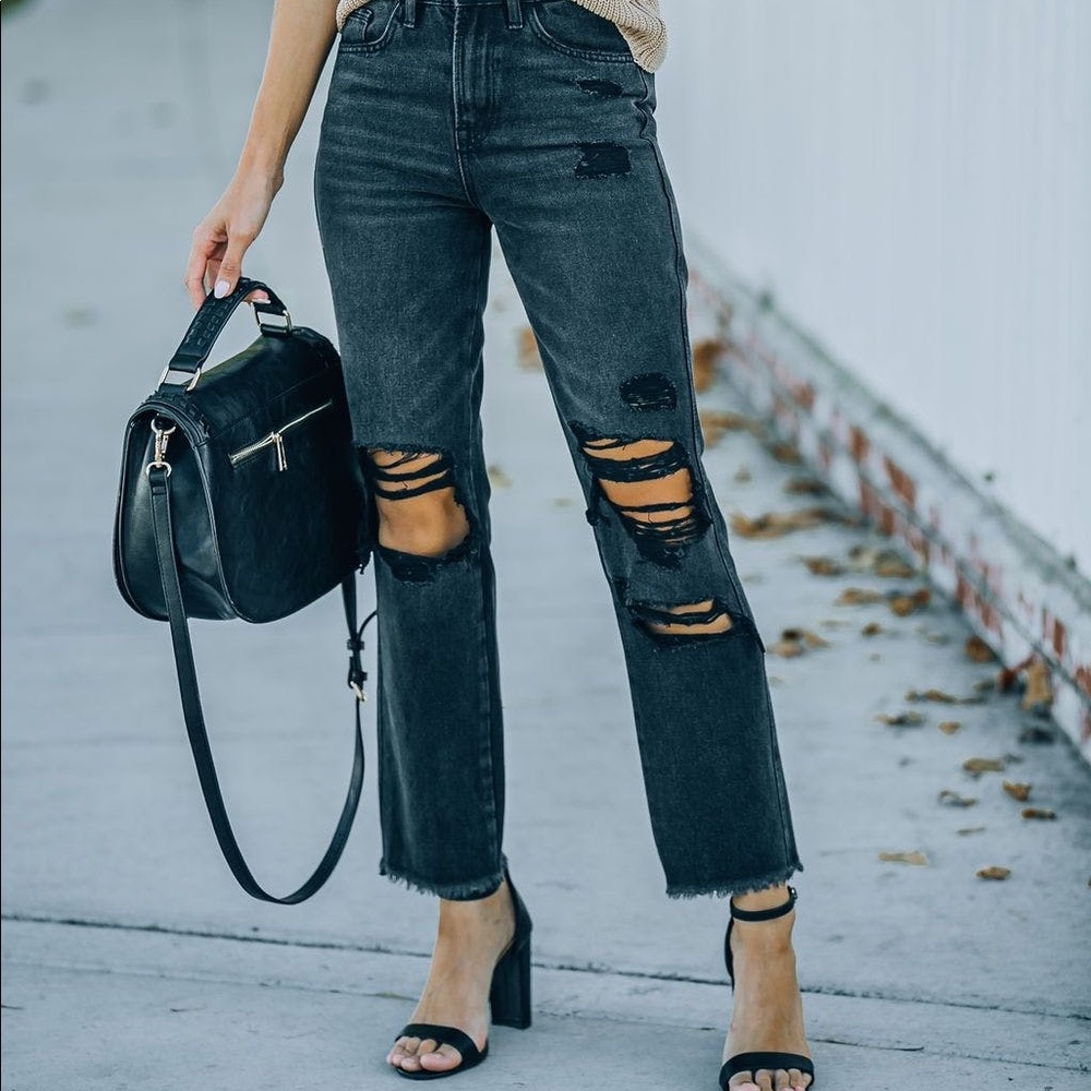 NEW VICI High Rise Distressed Straight Leg Denim